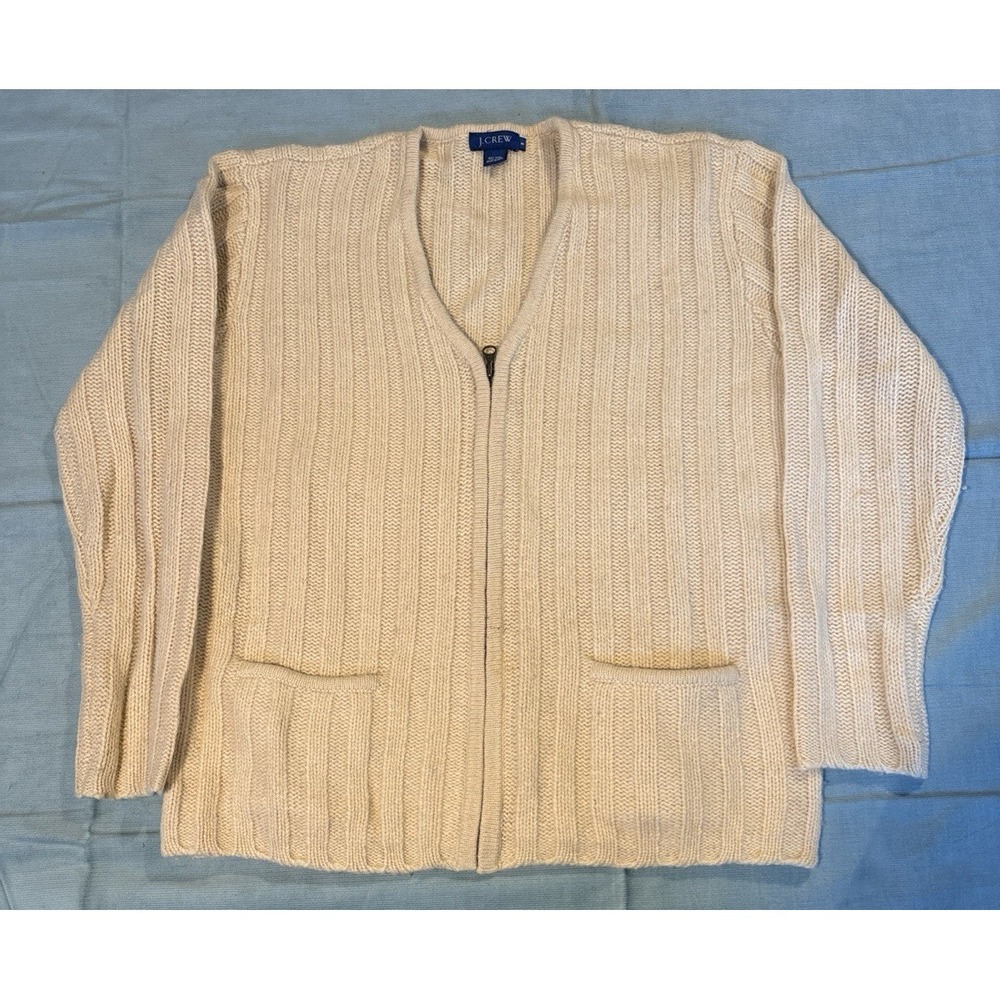 J.Crew Womens Cream 100% Wool Ribbed Zip Up V-Neck Cardigan Sweater Small
